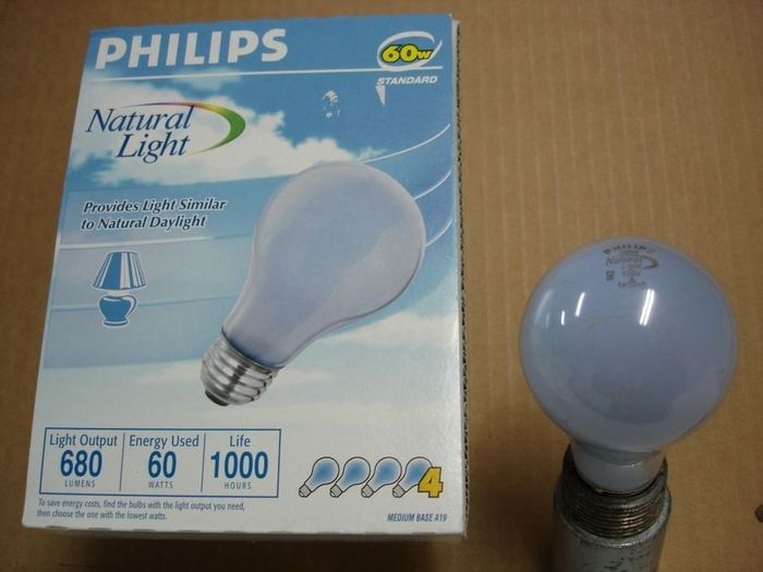 Philips Natural Light 60W
Here's a pack of Philips 60W Natural Light lamps similar to the GE Reveals.
Voltage: 120V
Date: Apr. 2005
Lumens: 680
Lamp life: 1000 hours
Filament: CC-6
Lamp shape: A19
Made in: Mexico
Base: Medium E26 Aluminum
Keywords: Lamps
