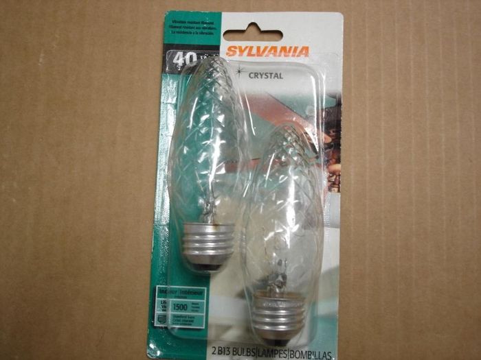 Sylvania Crystal
Here's a pack of Sylvania 40W Crystal decorative lamps,they have vibration resistant filaments for use with ceiling fans.
Voltage: 120V
Lamp life: 1500 hours
Filament: CC-9
Lamp shape: B13
Made in: Philippines

Keywords: Lamps