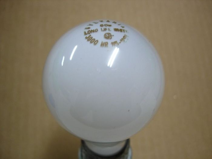 Sylvania 60W 
Here's a Sylvania 60W Long Life White incandescent lamp.
Voltage: 115/125V
Lamp life: 3000 hours
Filament: CC-8
Lamp shape: A19
Keywords: Lamps