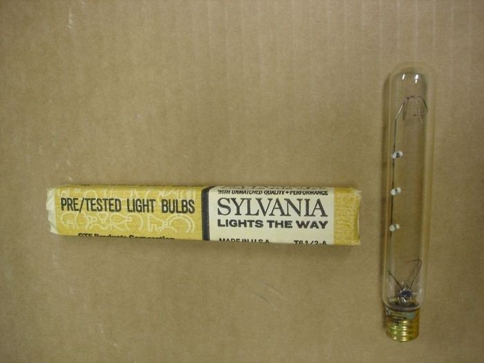 Sylvania Lamp
This appears to be a fairly old Sylvania tubular lamp of about 25W (doesn't have wattage).The filament is supported by wires attached to the main support with glass blobs,the stem has 42 stamped into it.
Voltage: 120V
Filament: C-8
Lamp shape: T6.5
Made in: Salem, Massachusetts

Keywords: Lamps