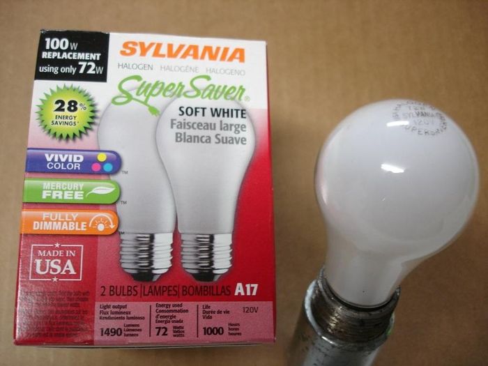 Sylvania Super Saver Halogens
Here's a pack of 72W Sylvania Super Saver Soft White Halogen Lamps which are comparable to 100W incandescents,in a A17 envelope.
Current: 0.57A
Date: 2009
Lumens: 1490
Lamp life: 1000 hours
Filament: CC-8 Axial
Keywords: Lamps