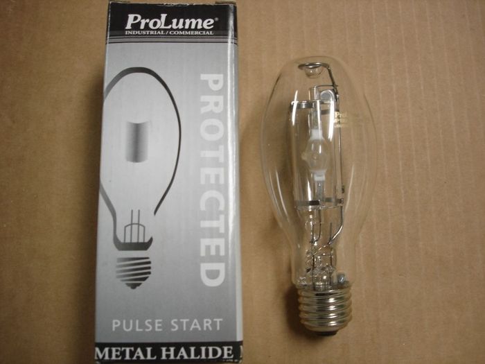 Prolume Metal Halide
Here's a clear Prolume 100W pulse start protected metal halide lamp.

Manufacture date: 2005
Colour temp: 4000K
CRI: 75
Base: Medium E26 nickel
Lamp shape: ED17
Made in: China
Lamp life: 15000 hours
Ballast: M90

Keywords: Lamps