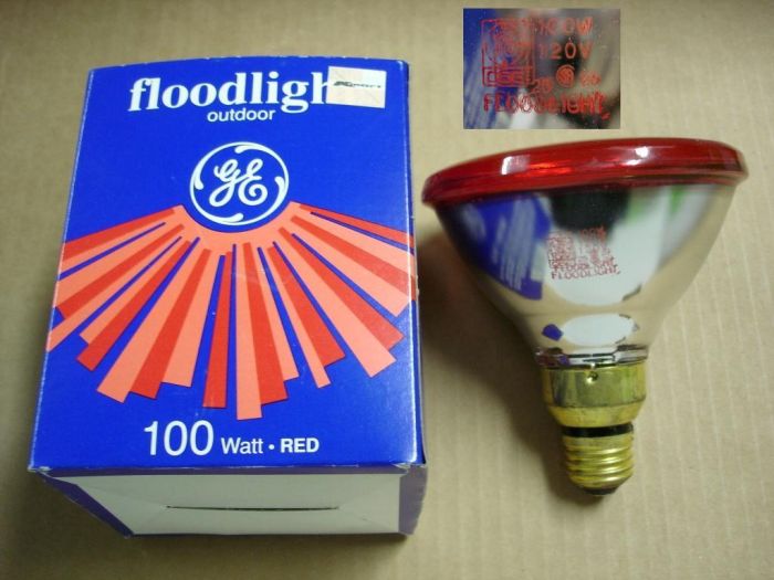GE 100W Red Flood
Here's a 100W CGE red flood lamp from the early 90's.
Voltage: 120V
Date: Early 90's
Lamp life: 2000 hours
Filament: CC-6
Lamp shape: PAR 38
Made in: Canada
Base: Medium E26 brass with skirt 

Keywords: Lamps