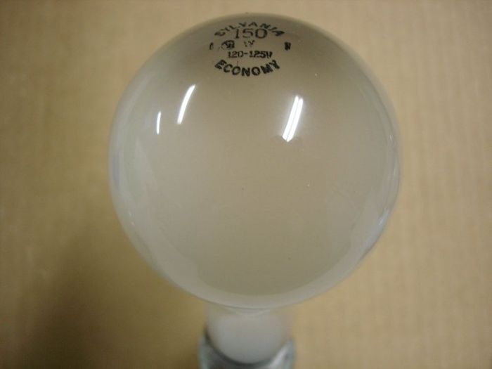 Sylvania 150W Incandescent
Here's a Sylvania 150W Economy  frosted long neck lamp.
Voltage: 120/125V
Filament: CC-6
Lamp shape: A21
