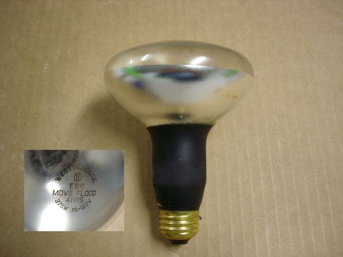 Westinghouse 375W
Here's a Westinghouse 375W Movieflood lamp with a very short lifespan of 4 hours.
Voltage: 115-120V
Current: 2.99A
Lamp life: 4 hours
Filament: C-9
Lamp shape: R30
Base: Medium E26 Brass
Keywords: Lamps