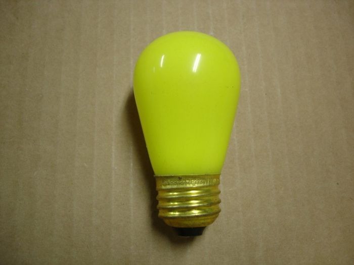 Globe? 11W
Here's a small no name (possibly Globe) yellow coloured S14 lamp.
Voltage: 130V
Current: 0.06A
Filament: C-9
Lamp shape: S14
Base: Medium E26 Brass
Keywords: Lamps