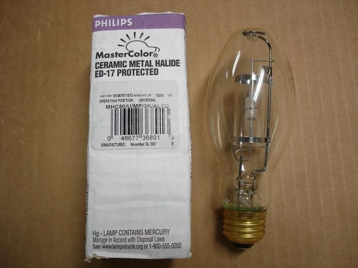 Philips 50W MasterColor Metal Halide
Here's a clear 50W Philips MasterColor ceramic metal halide lamp with a protective shroud for open fixture rating.
Manufacture date: Nov. 24,2007
Colour temp: 3000K
Lumens: 2680
CRI: 85
Lamp shape: ED17
Made in: USA
Lamp life: 10000 hours



Keywords: Lamps