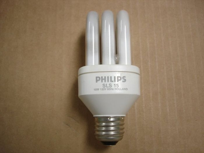 Philips CFL
Here's what appears to be an older Philips SLS 15 CFL lamp.
Voltage: 120V
Current: 0.22A
Made in: Holland
Base: Medium E26

Keywords: Lamps