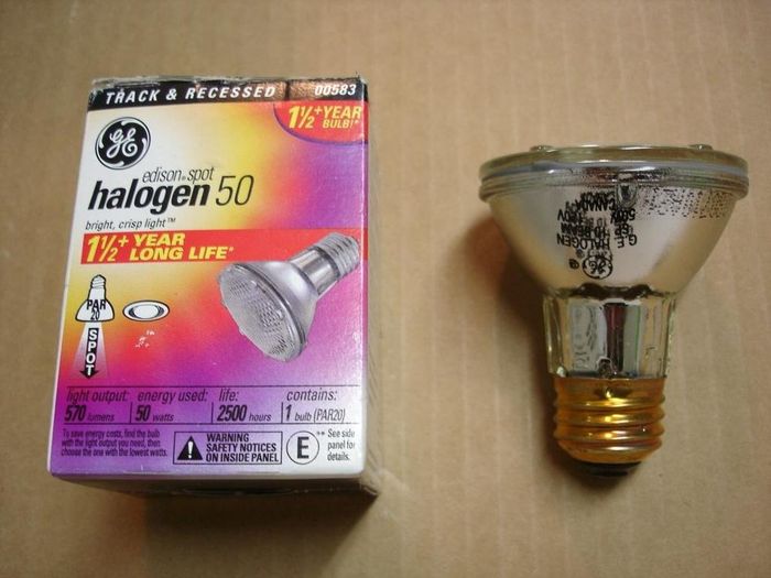 GE Edison Halogen Spot
This GE Edison Halogen spot with 10 degree beam is made in Canada unlike the other two Edison lamps I have which are made in Hungary.Found this on clearance at Wally World for $1.00
Voltage: 120V
Current: 0.41A
Date: Aug. 2007
Lumens: 570
Lamp life: 2500 hours
Filament: C-6
Lamp shape: PAR20
Made in: Canada
Base: Medium E26 brass

Keywords: Lamps