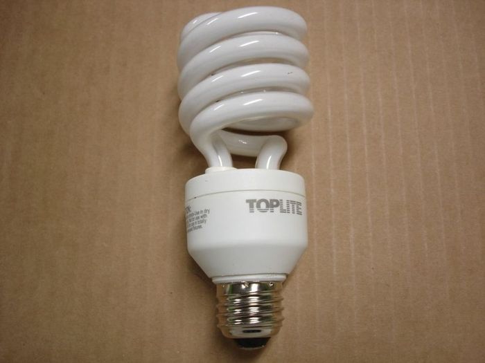 TOPLITE CFL
Never heard of these...a TOPLITE brand CFL,this one is 20W.
Voltage: 120V
Current: 0.32A
Colour temp: Soft White
Base: Medium E26
Keywords: Lamps