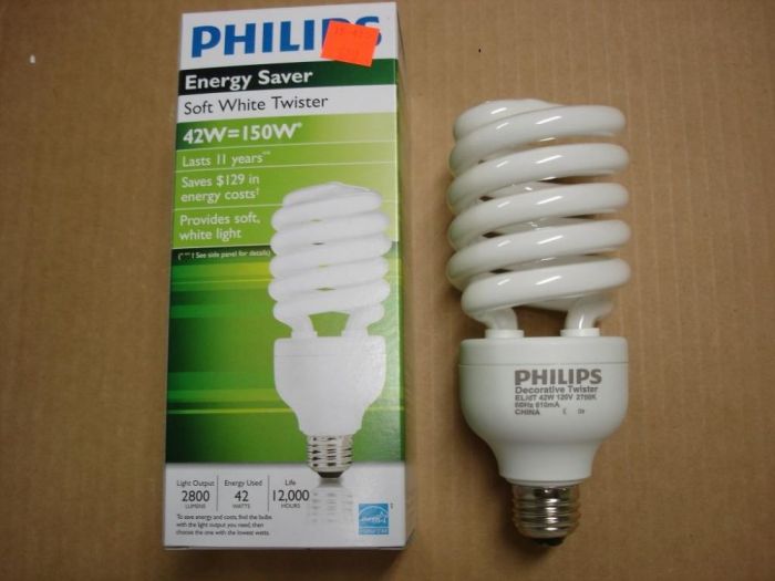 Philips 42W CFL
I picked up this 42W CFL that is equivalent to a 150W incandescent on clearance at the CO-OP as they have started to stock all Sylvania lamps now.
Voltage: 120V
Current: 610 mA
Date: Apr. 2009
Lumens: 2800
Lamp life: 12000 hours
Lamp shape: Spiral T3
Made in: China
Colour temp: 2700K
Base: Medium E26
CRI: 82
Keywords: Lamps