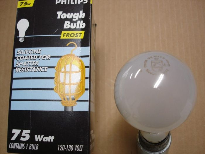Philips 75W Tough Bulb
A Philips frosted 75W silicone coated  shatter resistant Rough House Tough Bulb.
Voltage: 120-130V
Current: 0.59A
Date: May. 2007
Lamp life: ~1000 hours
Filament: C-9
Lamp shape: A21
Made in: Mexico
Base: Medium E26 Aluminum
Keywords: Lamps