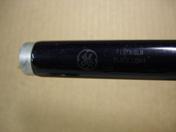GE Blacklight
Here's a GE F15T8 blacklight blue lamp.
Colour temp: ~30000K
Base: Medium Bi-Pin
Lamp shape: T8
Made in: USA
Lamp life: 7500 hours
Ballast: Preheat or choke with starter
Keywords: Lamps