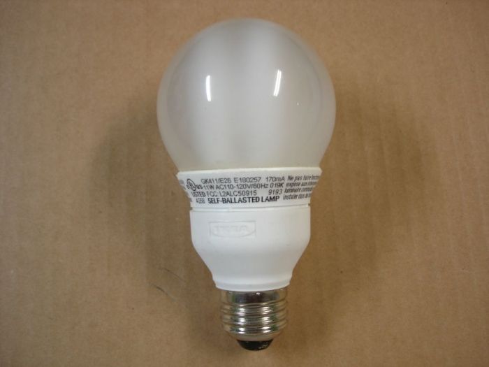 IKEA 11W Covered CFL
Here is a Ikea 11W glass covered twin tube compact fluorescent lamp.
Voltage: 120V
Current: 170mA
Date: ---
Lamp shape: A22
Made in: ---
Colour temp: Soft White
Base: Medium E26
Keywords: Lamps