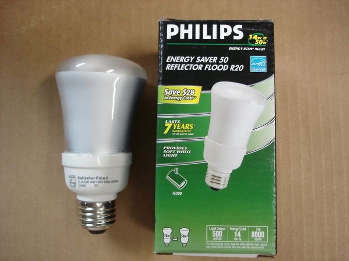 Philips 14W Reflector Flood
Here's a Philips 14W = 50W compact fluorescent reflector flood lamp.
Voltage: 120V
Current: 200 mA
Date: July. 2007
Lumens: 500
Lamp life: 8000 hours
Lamp shape: R20
Made in: China
Colour temp: 2700K
Base: Medium E26 Nickel
CRI: 80
Keywords: Lamps