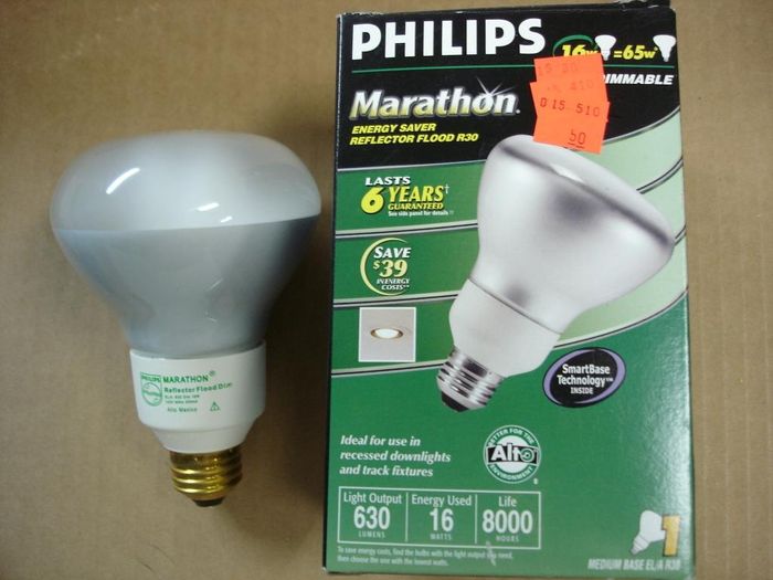 Philips Marathon 16W Dimmable Flood
Here's a Philips Marathon 16W = 65W dimmable compact fluorescent reflector flood.
Voltage: 120V
Current: 200 mA
Lumens: 630
Lamp life: 8000 hours
Lamp shape: R30
Made in: Mexico
Colour temp: 2700K
Base: Medium E26 Brass
CRI: 82
Keywords: Lamps