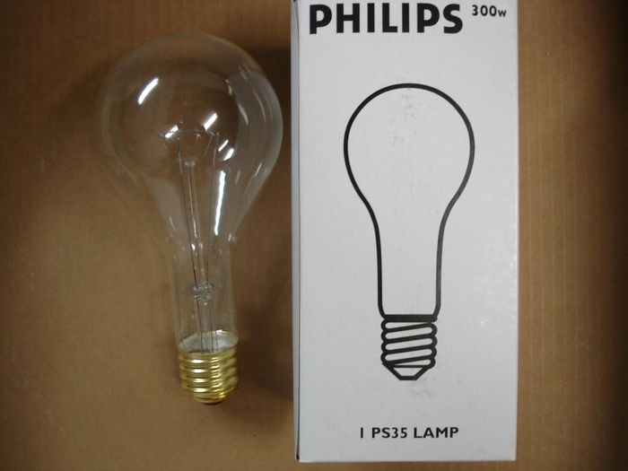 Philips 300W
Here is a clear Philips 300W Rough Service mogul base incandescent lamp.
Voltage: 120-130V
Filament: C-9
Lamp shape: PS35
Made in: China
Base: Mogul E39 
Keywords: Lamps