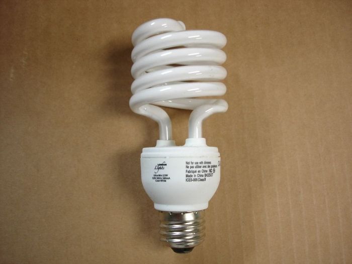 London Lights 23W CFL
Here is a London Lights 23W cool white compact fluorescent lamp.
Voltage: 120V
Current: 380 mA
Lamp shape: T3 Spiral
Made in: China
Colour temp: 4100K
Base: Medium E26 

Keywords: Lamps