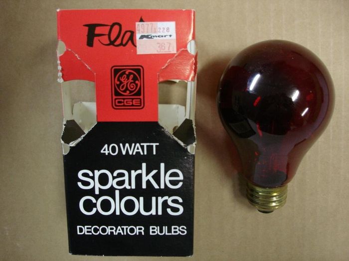 CGE 40W Flair
Here's a Canadian General Electric (CGE) 40W Flair red coloured lamp which appears to be from about 1980.
Voltage: 115-125V
Current: 0.30A
Date: Code 04
Filament: C-9
Lamp shape: A21
Made in: Toronto,Ont., Canada
Base: Medium E26 Brass
Keywords: Lamps