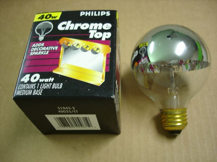 Philips 40W Chrome Top
Here's a Philips 40W Chrome Top half mirror G25 incandesent globe lamp.
Voltage: 120V
Current: 0.33A
Filament: C-9
Lamp shape: G25
Made in: China
Base: Medium E26 Brass

Keywords: Lamps