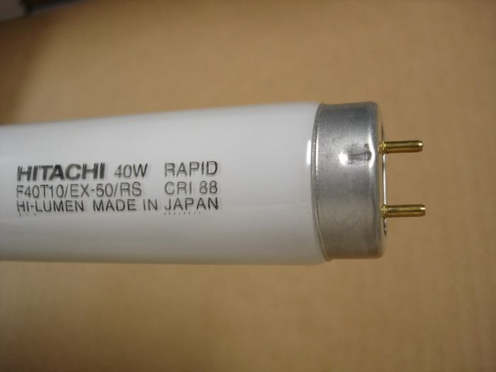 Hitachi 40W
Here's a Hitachi F40T10 rapid start Hi-Lumen fluorescent lamp,also has a high CRI rating.
Colour temp: 5000K
CRI: 88
Base: Medium Bi-Pin
Lamp shape: T10
Made in: Japan

Keywords: Lamps