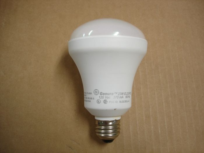 GE 23W Genura Induction
Here's a GE Genura Warm White Induction CFL that operates with an electronic frequency generator of 2.2 to 2.8 MHz,it warms up quite quickly in about 15 seconds.
Voltage: 120V
Current: 370 mA
Lumens: 1100
Lamp life: 15000 hours
Lamp shape: R25
Made in: Hungary
Colour temp: 3000K
Base: Medium E26
CRI: 82
Keywords: Lamps
