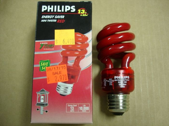 Philips Red CFL
A red Philips Mini Decorative Twister 13W = 60W compact fluorescent lamp.
Voltage: 120V
Current: 220 mA
Date: 2009
Lamp life: 10000 hours
Lamp shape: T3 Spiral
Made in: China
Base: medium E26

Keywords: Lamps