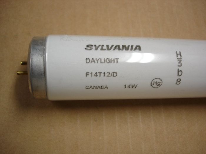 Sylvania F14T12
Here is one of the Sylvania F14T12 Daylight fluorescent lamps.
Manufacture date: Nov.2003
Colour temp: 6500K
CRI: 76
Base: Medium Bi-Pin
Lamp shape: T12
Made in: Canada
Lamp life: 7500 hours
Keywords: Lamps