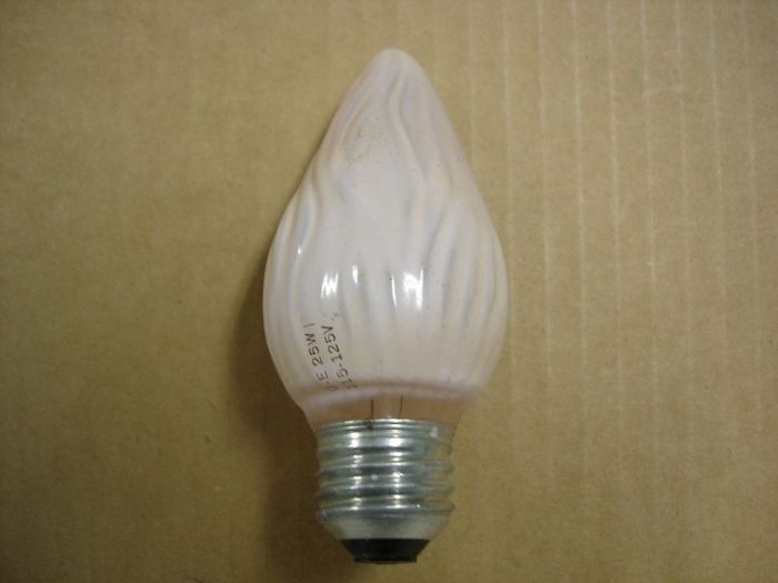 GE 25W Flame
Here's a GE 25W Ivory/blush pink flame shaped incandescent lamp.

Voltage: 115-125V
Current: 0.20A
Date: Circa 1980
Filament: C-9
Lamp shape: F15
Base: Medium E26 Aluminum
Keywords: Lamps