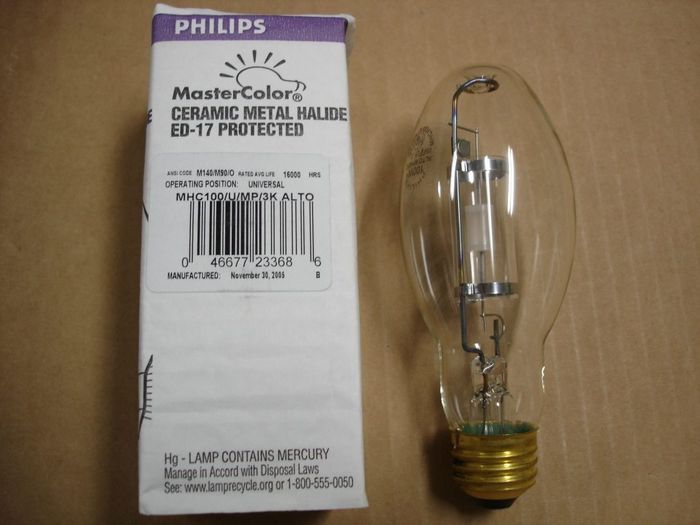 Philips 100W Metal Halide
Here's a Philips clear 100W protected ceramic metal halide lamp.
 
Manufacture date: Nov. 2005
Colour temp: 3000K
Lumens: 5925
CRI: 85
Base: Medium E26 Brass
Lamp shape: ED17
Made in: Somerset,NJ USA
Lamp life: 16000 hours
Ballast: M90
Keywords: Lamps