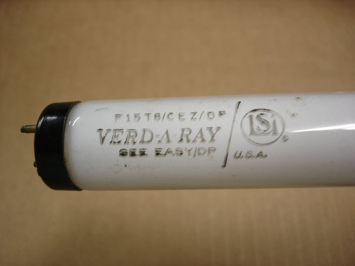 Verd-A-Ray F15T8
Here's what appears to be a fairly old Verd-A-Ray F15T8 'SEE EASY' daylight fluorescent lamp.

Lamp shape: T8
Made in: USA
Colour temp: 6500K
Base: Medium Bi-pin
Keywords: Lamps