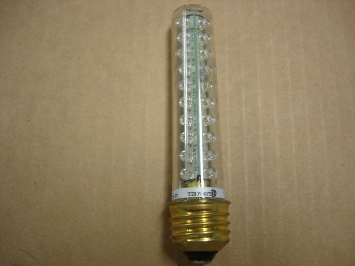 Lumacell 1.5W LED
Here's a Lumacell 1.5W lamp with 30 red LED's for use in retrofitting existing exit lights.

Voltage: 120V
Current: 0.02A
Date: ~ Nov 2002
Lamp shape: Tubular
Base: Medium E26 Brass
Keywords: Lamps