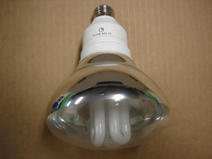 Glow Bright CFL
Here is a Glow Bright 26W daylight reflector flood compact fluorescent lamp.

Voltage: 110-130V
Current: 0.28A
Lamp life: ~10000 hours
Lamp shape: BR40
Made in: China?
Colour temp: 6400K
Base: Medium E26

Keywords: Lamps