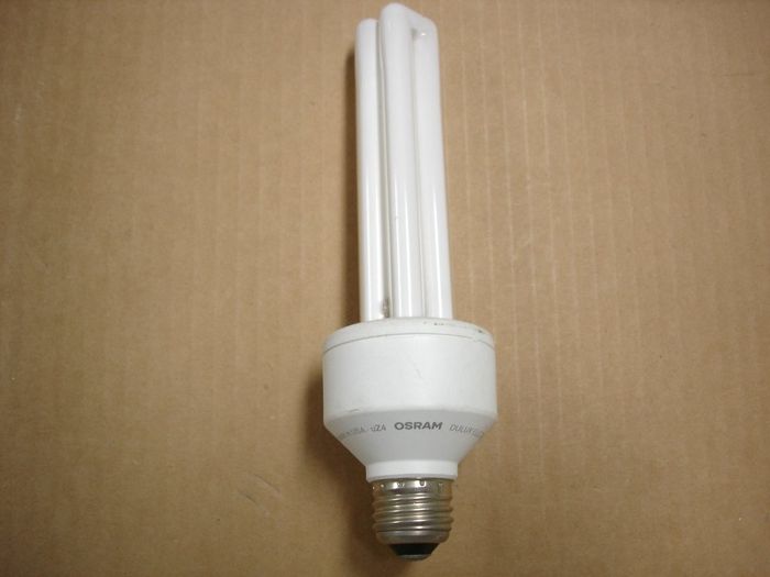 Osram 20W CFL
Here's an older US made Osram soft white compact fluorescent lamp.

Voltage: 120V
Current: 0.22A
Date: 90's?
Lamp life: ~10000 hours
Lamp shape: T4 Double tube
Made in: USA
Colour temp: Soft White
Base: Medium E26
Keywords: Lamps
