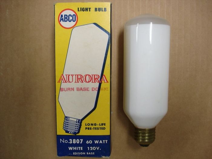 ABCO 60W Aurora
Here's a cool lamp from Jace,it's an ABCO Aurora,a 60W lamp and globe all in one,has a silcone coating to really diffuse the light.Any idea on the age Jace?

Voltage: 120V
Current: 0.48A
Lamp shape: T18
Made in: Japan
Base: Medium E26 Brass
Keywords: Lamps