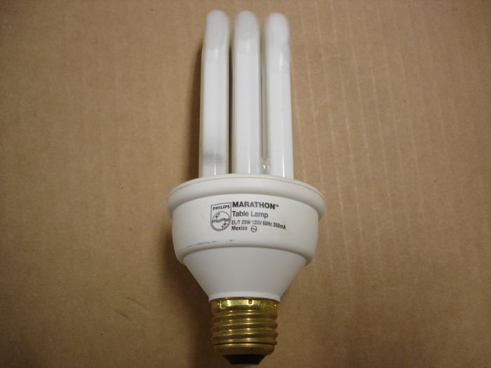 Philips Marathon 25W
Here's a Philips Marathon 'Table Lamp' 25W compact fluorescent lamp.

Voltage: 120V
Current: 350mA
Date: Feb. 2002
Lamp life: ~10000 hours
Lamp shape T4 Triple U bend
Made in: Mexico
Colour temp: Soft White
Base: Medium E26 Brass
Keywords: Lamps