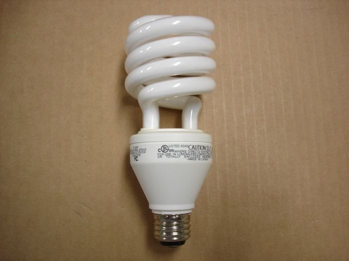 GE 3-Way CFL
Here's a GE 12/23/32W 3-Way compact fluorescent lamp.

Voltage: 120V
Current: 470mA
Lumens: 600/1600/2200
Lamp life: 6000 hours
Lamp Shape: T4 Spiral
Made in: China
Colour temp: 2700K
Base: Medium E26 3 contact
CRI: 82
Keywords: Lamps