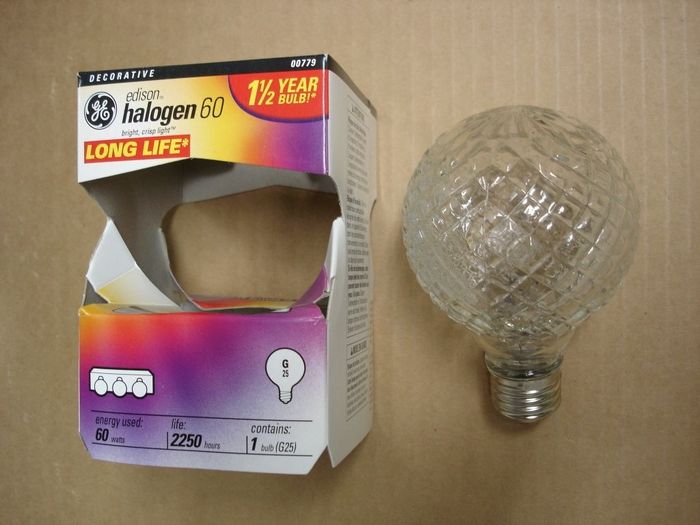GE Edison 60W Crystal Halogen
Here's a heavy glass 60W GE Edison crystal halogen globe lamp.

Voltage: 120V
Current: 0.49A
Date: Sept. 2006
Lamp life: 2250 hours
Filament: CC-8 Axial
Lamp shape: G25
Made in: China for GE
Base: Medium E26
Keywords: Lamps