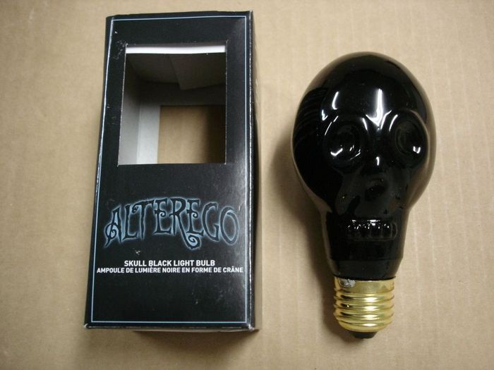 Alterego Skull Blacklight
Here's a Alterego skull-shaped 25W Halloween novelty blacklight lamp.
Voltage: 120V
Current: 0.18A
Filament: C-7B
Made in: China
Base: Medium E26 Brass
Keywords: Lamps