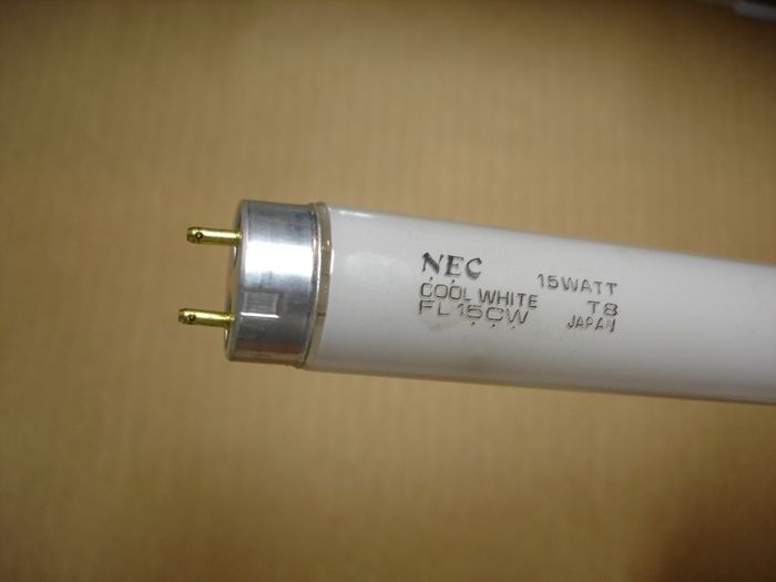 NEC 15W T8
Here's a NEC 15W T8 cool white fluorescent lamp.

Lamp life: ~8000 hours
Lamp shape: T8
Made in: Japan
Colour temp: 4100K
Base: Medium Bi-Pin G13
Keywords: Lamps