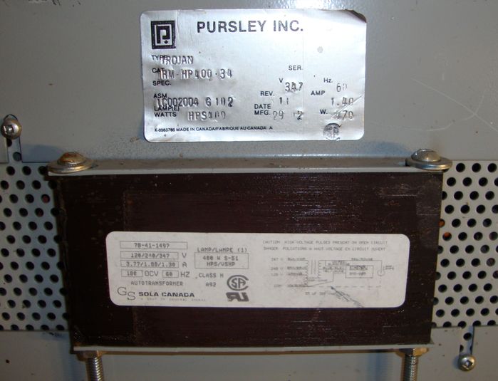 My High Bay
Here is a close up of the labels on the ballast and fixture. 
Keywords: Indoor_Fixtures