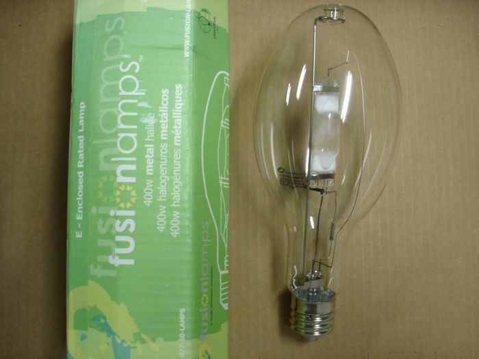 Fusion Lamps  400W MH
Here's a Fusion Lamps 400W metal halide lamp,these are an inexpensive lamp and not the best quality,I grabbed a few of these to do a relamp job,it will be interesting to see how long they last.

Manufacture date: Circa 2010
Colour temp: 4000K
Lumens: 36000
CRI: 65
Base: Mogul E39
Lamp shape: ED37
Made in: India
Lamp life: 20000 hours
Ballast type: M59
Keywords: Lamps