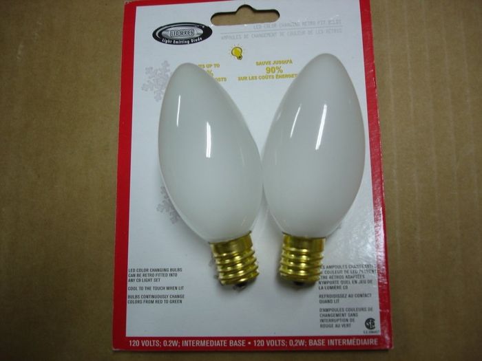 LED Christmas Lights
Here's a pack of two LED retrofit Christmas bulbs for direct replacement for C9 incandescents using intermediate light strings.Alternates between red and green.
Keywords: Lamps