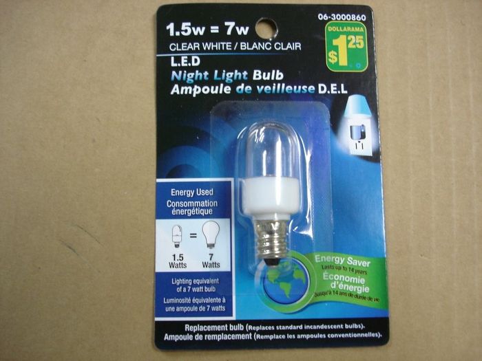 LED 1.5W Night Light Bulb
Here's a clear white 1.5W LED lamp which equals a 7W incandescent night light bulb.The package says it lasts up to 14 years... hmmmm we'll see.

Made in: China
Keywords: Lamps