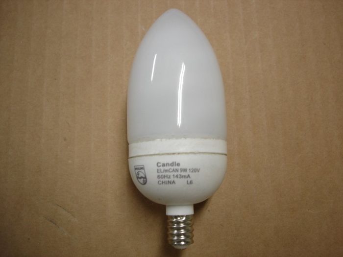 Philips 9W Candle
Here is a Philips 9W warm white covered with a spiral tube candle shaped compact fluorescent lamp.9W = 40W incandescent.

Made in: China
Keywords: Lamps