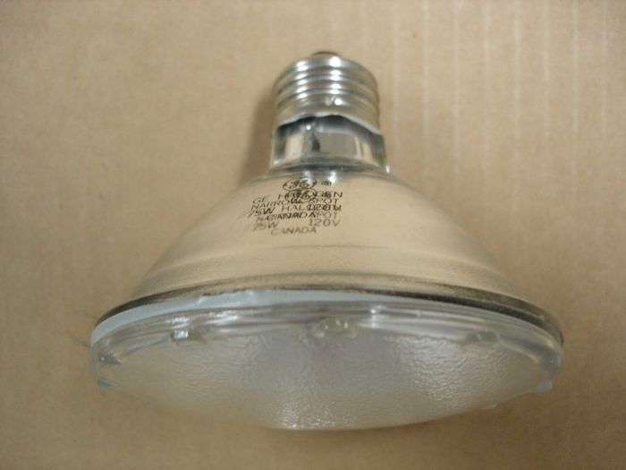 GE 75W Halogen
Here's a GE 75W Narrow Spot short neck halogen lamp.


Made in: Canada
Keywords: Lamps