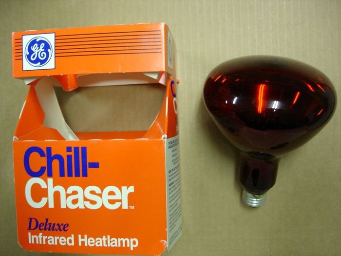 GE 250W Chill Chaser
I like the name of this lamp,here is a GE Chill Chaser 250W red reflector infrared heat lamp.


Made in: USA
Keywords: Lamps