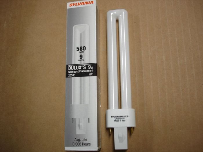 Sylvania 9W CFL
Here is a Sylvania DULUX S 9W compact fluorescent G23 base lamp.

Made in: Italy
Keywords: Lamps