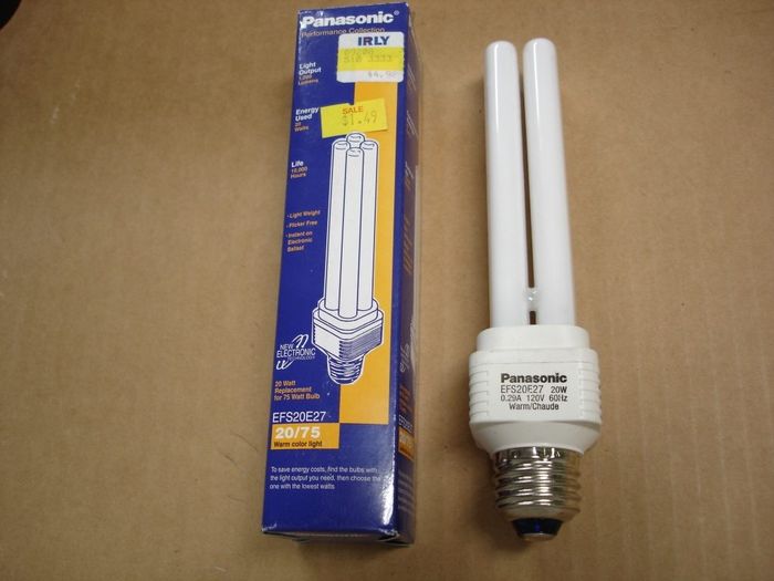 Panasonic 20W
Here is a Panasonic 20W warm white quad tube compact fluorescent lamp.This lamp gives off the light equivalent to a 75W incandescent.

Made in: China
Keywords: Lamps