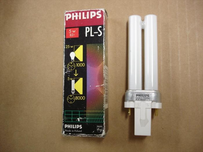 Philips 5W PL
Here is an older NOS Philips 5W warm white PL compact fluorescent lamp.Equivalent to a 25W incandescent.


Made in: Poland
Keywords: Lamps